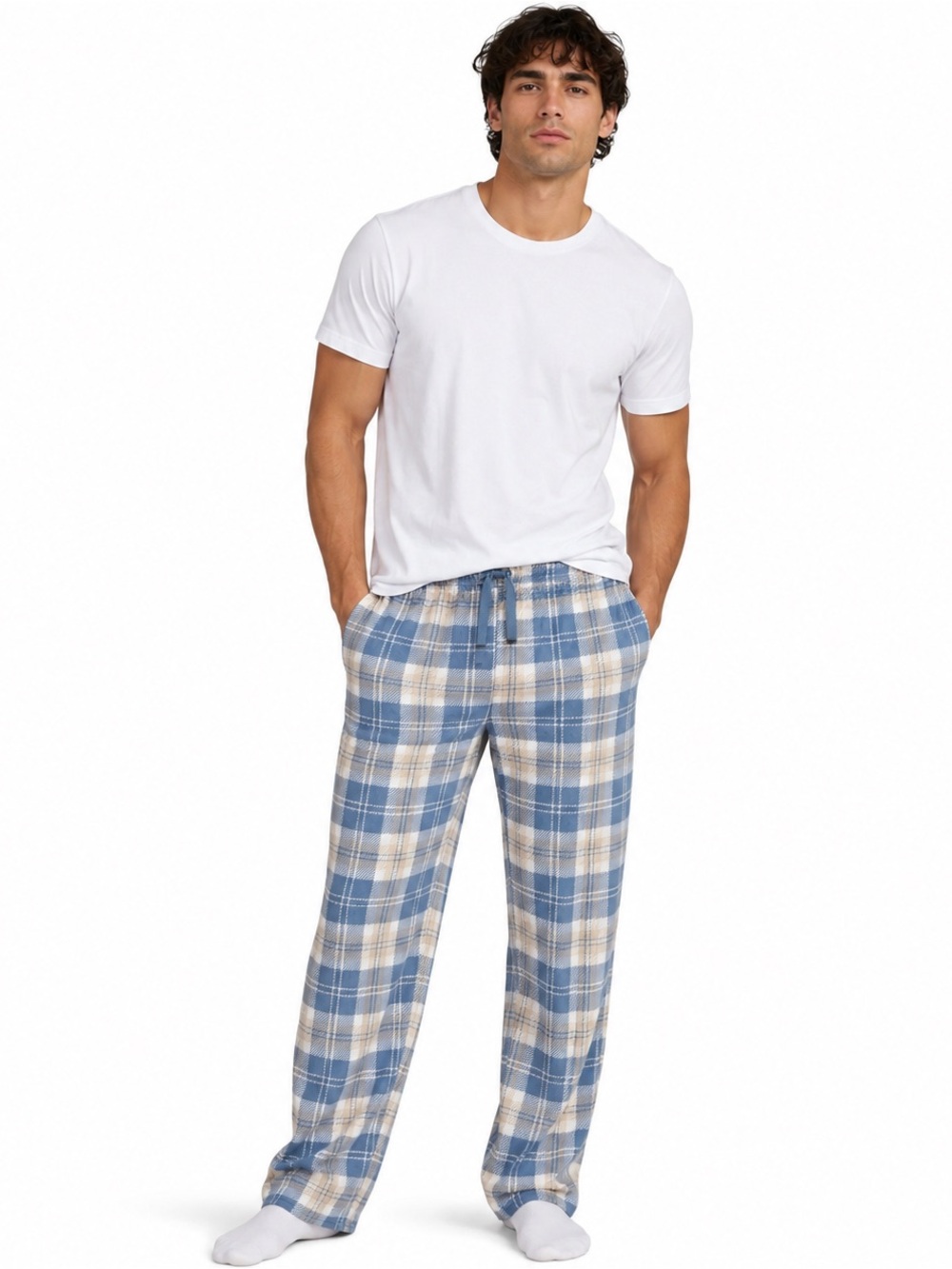 FRYE Men’s XL Plaid Fleece Lounge Pajama Pants Soft Drawstring Blue Beige NWT